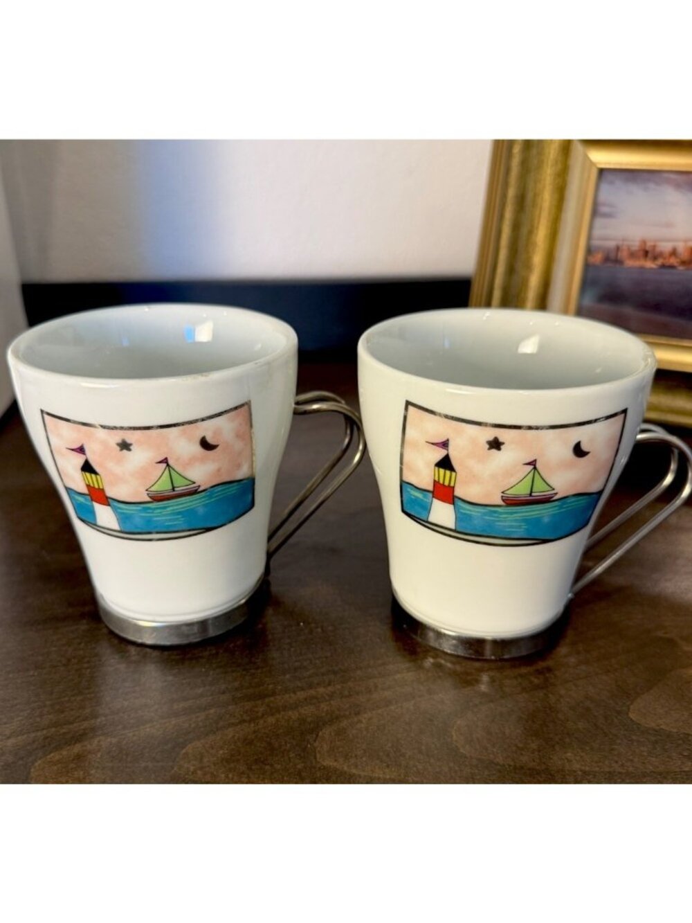 Vintage Masquerade China Nautical Lighthouse Sailboat Porcelain Mugs Set of 2
